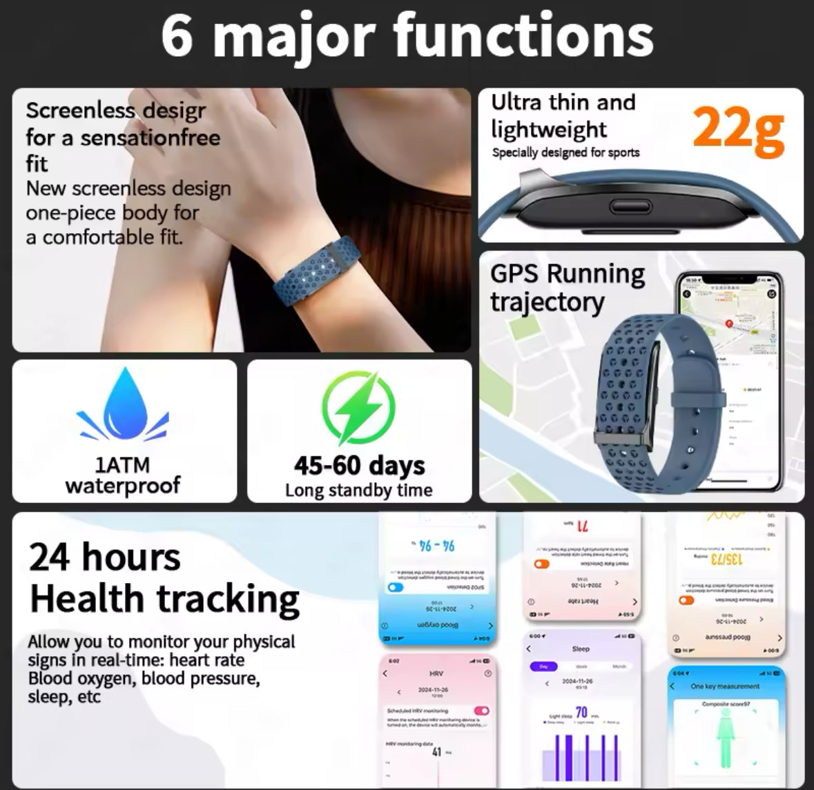 Smart Bracelet                          Heart Rate                                 Blood Pressure                         Sleep Monitor